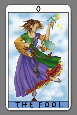 Image of a tarot card called the Fool with a picture of a colorfully dressed woman.